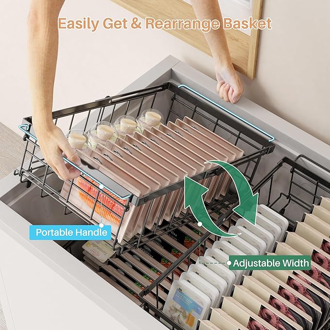 UMDONX Freezer Organizer Bins – Expandable from 11.2" to 17.7", Fit 5–10 Cu.Ft Chest Freezer, Hanging Storage Baskets for Deep Freezer, Easy Slide Access, 2 Pack (Black)