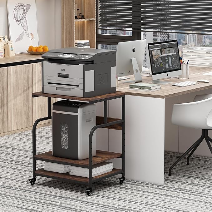 Large Printer Stand with Adjustable Storage Shelf, 3 Tier Printer Cart with Wheels for Home Office Organization, Rolling Table Stand for Heat Press Mini Fridge, Industrial Style