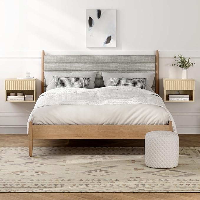 Floating Nightstand with Drawer and Open Shelf, Small Wall Mounted Bedside End Table, Modern Fluted Night Stand for Bedroom, Living Room, Light Oak