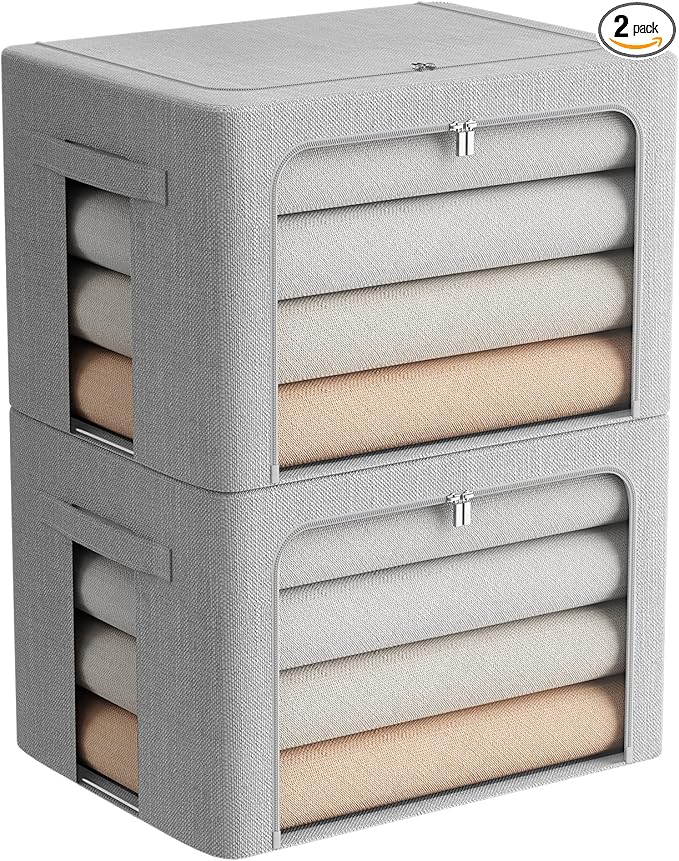 FHSQX 2 Pack Clothes Storage Bins Stackable Metal Frame Storage Box Large Capacity Foldable Linen Fabric Box Organizer with Carrying Handles and Clear Window (Light Gray, 19.7x 15.7x 12.6 Inch)