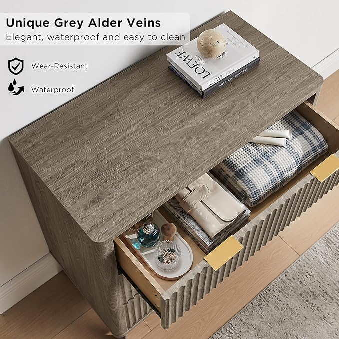 T4TREAM Fluted 3 Drawers Nightstand Set of 2, Oversized Extra Large Modern Side Table, End Table Bedside for Bedroom, Living Room, Curved Profile Design, Grey Alder