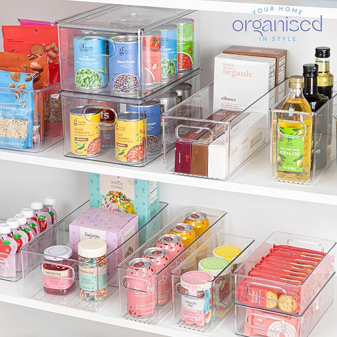 primebox Plastic Food Storage Clear Container Bin with Handles for Organizing Kitchen, Pantry, Refrigerator, Freezer, Pantry, Cabinet, Closet, Bathroom. 14”x4”x5”