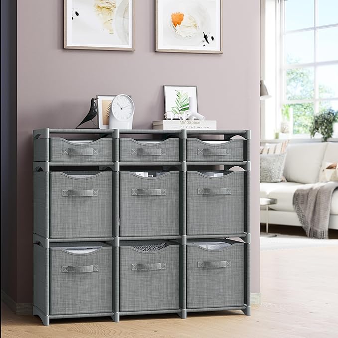 9 Cube Closet Organizers, Includes All Storage Cube Bins, Easy To Assemble Storage Unit With Drawers | Room Organizer For Clothes, Baby Closet Bedroom, Playroom, Dorm (Light Grey)