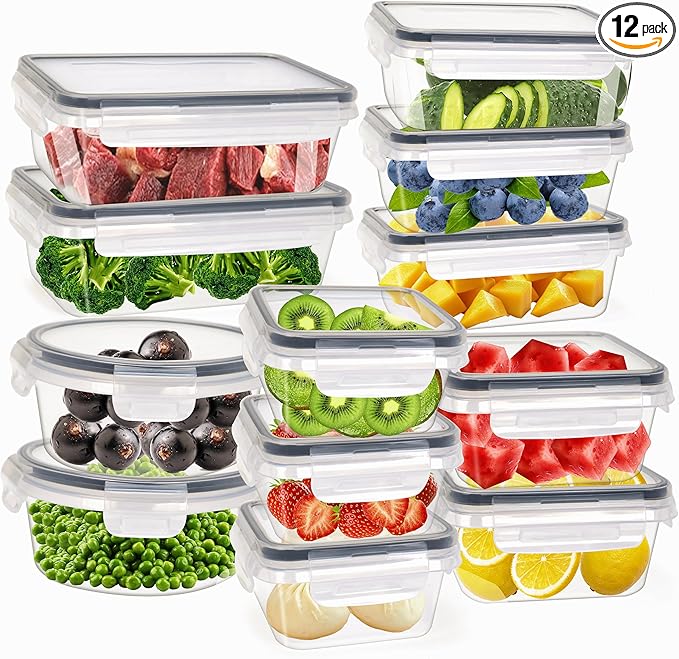 24Piece Food Storage Container with Lids (12 Containers + 12 Lids)，plastic sealed food storage box，Suitable for the storage and organization of food in the kitchen，BPA Free Storage Containers