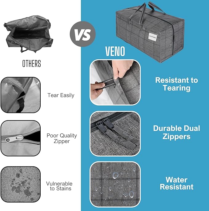 VENO 10 Pack Moving Bags w/Backpack Straps, Heavy Duty, Moving Boxes Alternative, Packing Supplies, Large Storage Totes for Dorm Room Essentials with Zipper for Clothes (Windowpane, 10 Pack)
