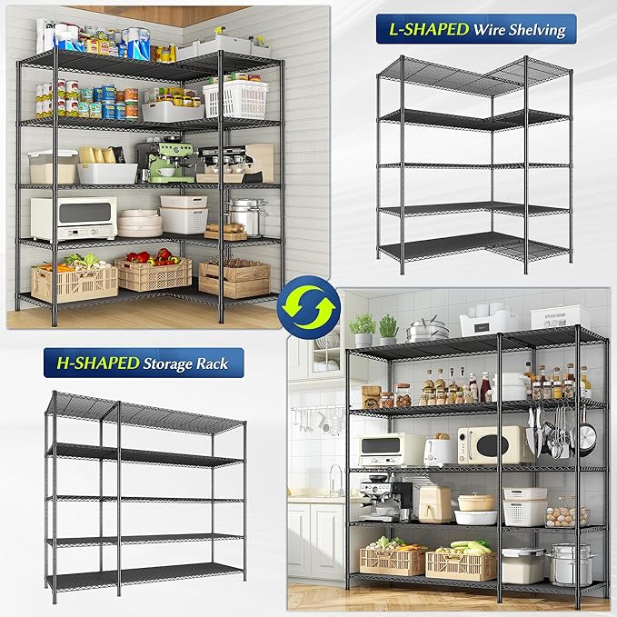 70.8H Wire Shelving Rack, 5Tier Metal Shelving Unit,1400LBS Heavy Duty Storage Shelves,Adjustable Pantry Shelves, Metal Shelf and Storage Rack,Industrial Shelving 52.36W x13.78Dx70.8H,2PCS