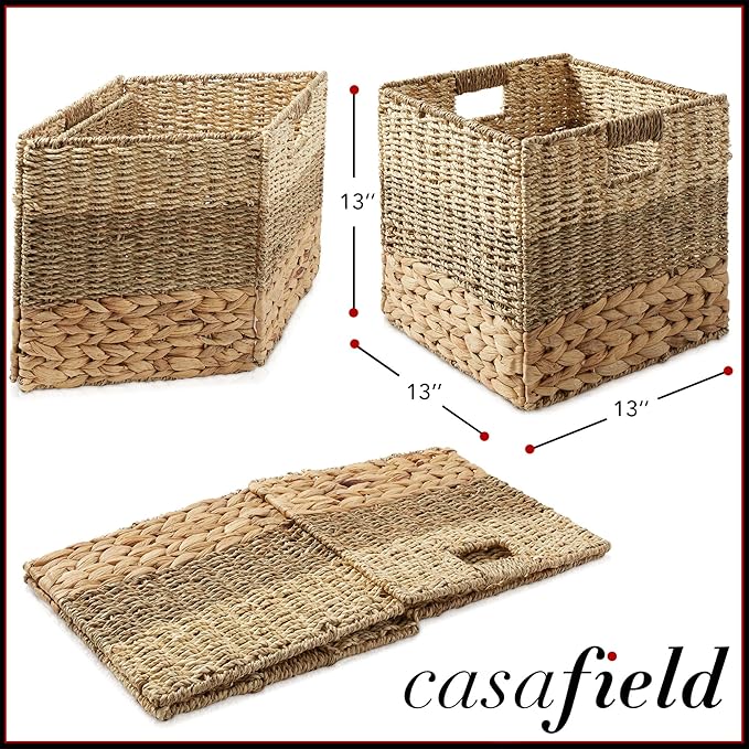 Casafield 13" x 13" Mixed Weave Storage Baskets, Natural - Set of 6 Woven Hyacinth Seagrass Wicker Storage Cube Bins for Bathroom, Bedroom, Laundry, Pantry, Shelves