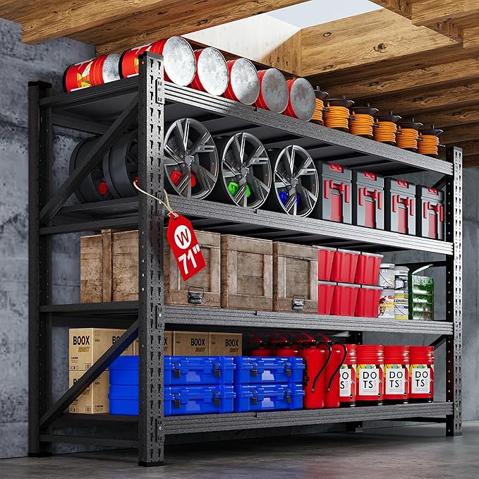 71”W Garage Shelving Units, 5000LBS Storage Shelves Heavy Duty, 24" Deep Metal Shelving Rack, 4 Tier Large Tall Industrial Shelving , Adjustable Standing Shelf for Warehouse / Shop 71"W x 24"D x 70"H