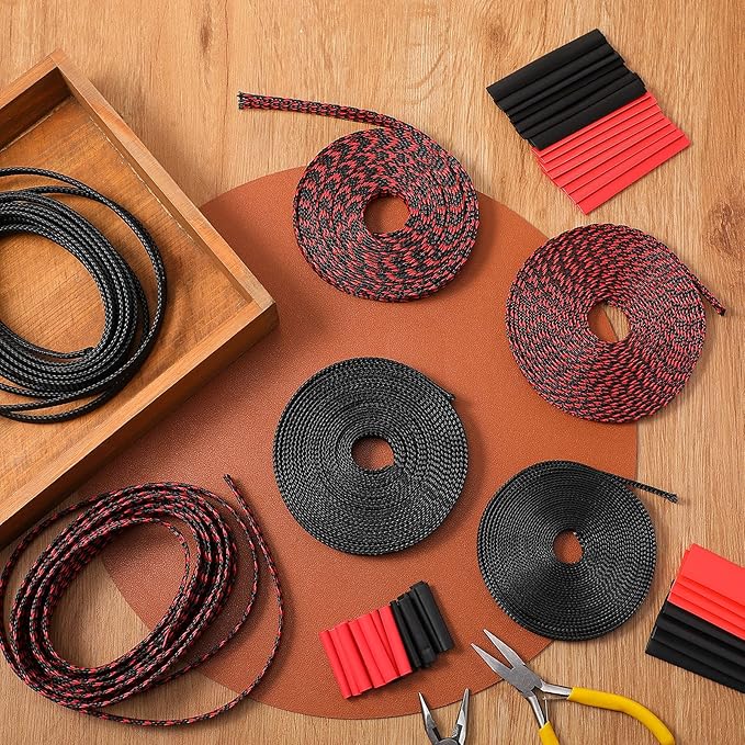 Xuniea 96ft Wire Loom Braided Cable Sleeve Covers Cord Management with 127 Pcs Tube Heat Shrinkable for Audio Video Cable Cord Protectors from Pets(1/4, 3/4, 1 Inch,Black and Red)