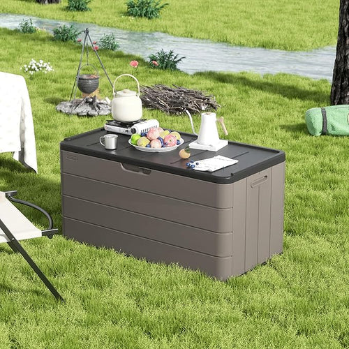 100 Gallon Plus Resin Deck Box, Waterproof Outdoor Storage Box for Patio Furniture, Garden Tools, and Pool Accessories, Lockable UV-Resistant Storage Bin Bench Cabinet for Outside, Brown