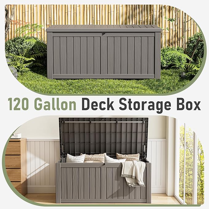 120 Gallon Outdoor Storage Box, Resin Deck Boxes Outdoor Waterproof For Patio Furniture, Garden Tools, Pool Supplies, Durable And UV Resistant, Lockable