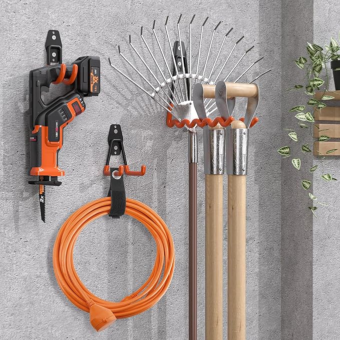Nacial 26 Pack Garage Hooks Heavy Duty, Utility Steel Garage Storage Hooks with 2 Extension Cord Storage Straps, Utility Garage Wall Mount Hooks for Hanging Bike, Ladder and Garden Tools, Orange