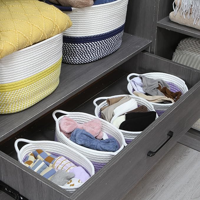 Sea Team 2-Pack Cotton Rope Baskets, 10 x 7 x 4 Inches Small Woven Storage Basket, Fabric Tray, Bowl, Oval Open Dish for Fruits, Jewelry, Keys, Sewing Kits (Lavender & White)
