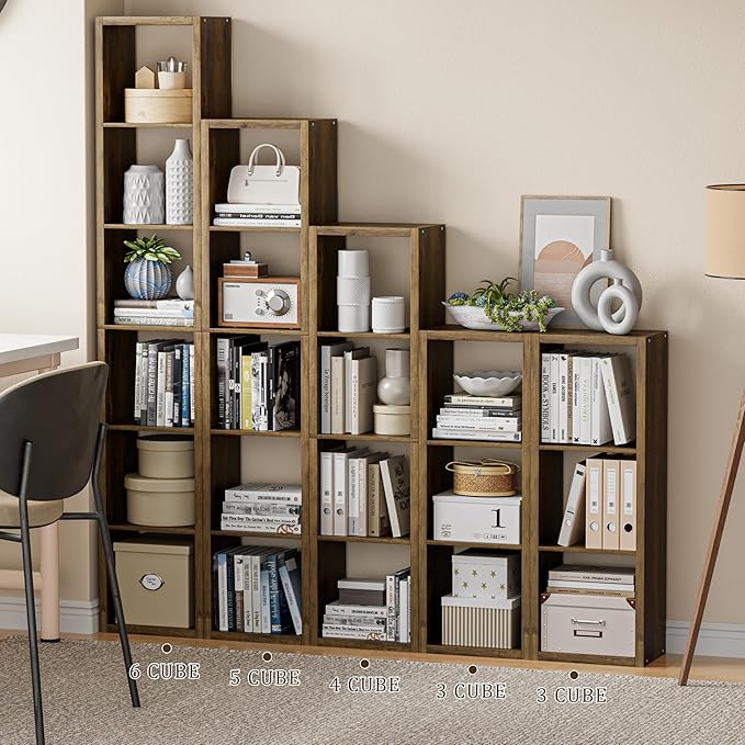 Tall Cube Storage Organizer Bookcase, 5 Tier 11 inch Open Back Cubical Shelf with Thickened Border, Display Bookshelf for Living Room, Home Office, Sturdy Room (Brown, 5 Cube,Vertical)