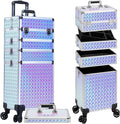 AROUS 5 in 1 Rolling Makeup Train Case Cosmetology Case on Wheels Large Cosmetic Organizer Travel Cart for Hairstylist Artist Nail Beauty Salon Barber,Silver