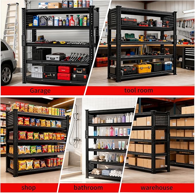 SILVEL 48.2"W Garage Shelving, 5000LBS Heavy Duty Metal Shelving, 2025 Grid Storage Shelves, 2 Side Pegboards, Industrial 5 Tier Shelves for Basement Pantry Warehouse Supermarket, 72.2" x24.2" x48.2"