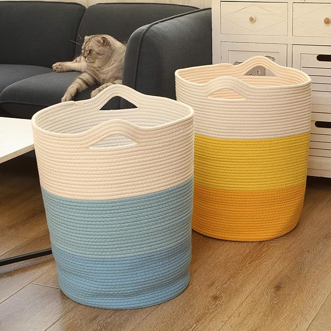 Sea Team Large Size Cotton Rope Woven Storage Basket with Handles, Laundry Hamper, Fabric Bucket, Drum, Clothes Toys Organizer for Kid's Room, 20 x 14 inches, Round Open Design, White & Blue