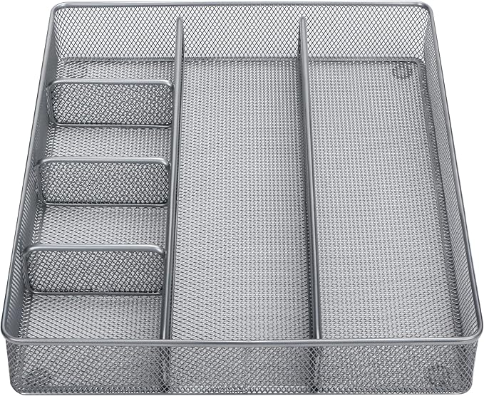 Annova Desk Top Organizer Tray for Office Organization - Metal Mesh - Storage Tray with Dividers for Pens, Desktop Accessories, Bathroom, Kitchen, Makeup and Office Supplies (Large, Silver)