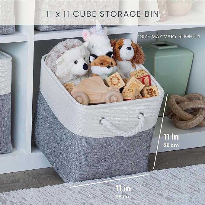 OrganiHaus 11x11 Cube Storage Bins 4 Pack, Foldable Cube Storage Organizer w/ Rope Handles, Collapsible Fabric Bins for Toys, Clothes & Closet Organization, Fabric Square Baskets - Gray/Black