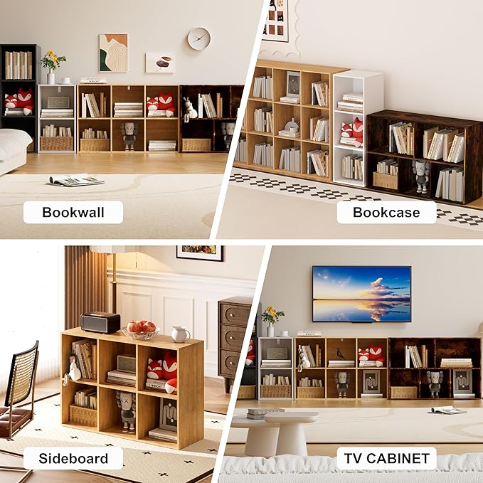 Book Shelf, Wooden Cube Storage Organizer with 11" Open Cubes, Stackable Modular Bookcase for Room Divider Storage, 3 Tier Bookshelf for Living Room, Bedroom, Office (Black, 3-Cube)
