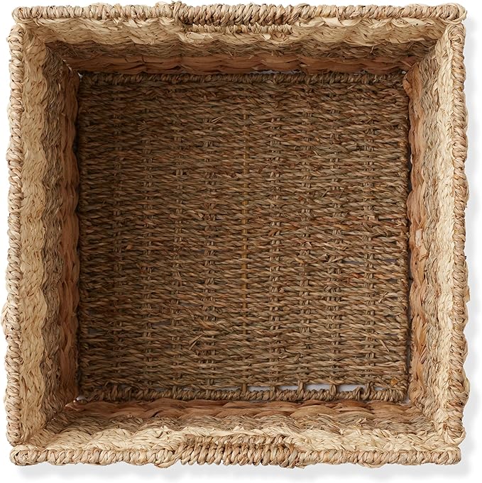 Casafield 12" x 12" Mixed Weave Storage Baskets, Natural - Set of 2 Woven Hyacinth Seagrass Wicker Storage Cube Bins for Bathroom, Bedroom, Laundry, Pantry, Shelves