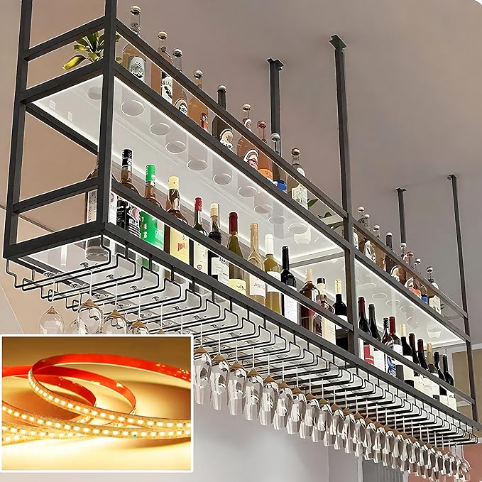 31.4IN Acrylic Ceiling Wine Glass Rack with Transparent Shelves, Hanging Wine Rack with Glass Holder and LED lights, 2 Layer Ceiling Bottle Holder Shelf for Bar Kitchen Decorate (31.4in/80cm)