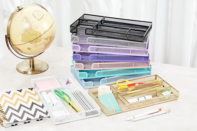 Annova Desk Drawer Organizer/Storage Tray - Metal Mesh with Dividers for Pens, Desktop Accessories, Bathroom, Kitchen, Makeup and Office Supplies (Small, Light Purple)