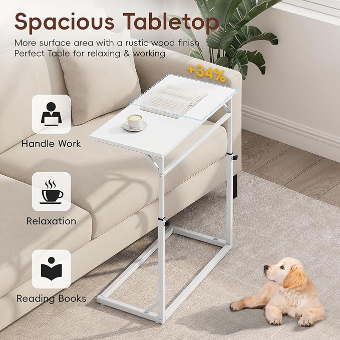 Vagusicc C Shaped End Table, Tall Side Table for Couch, C-Table End Table Adjustable Height Side Table, Large Surface Sofa Table TV Tray, Slide Under Couch Table for Sofa, Living Room, Bedroom, White