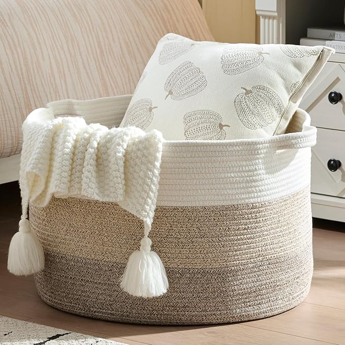 Luxury Little Extra Large Nursery Storage Basket, 22 x 22 x 14 inches - 100% Cotton Rope Baskets with Handles, Blanket Basket for Toys, Blankets & Pillows - Brown & White