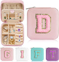 Parima Initial Jewelry Box for Women Girls, Pink Jewelry Travel Case | Chenille Letter Patches Jewelry Box | Multifunctional Personalized Travel Jewelry Case | Birthday Gifts - Letter D, Pink