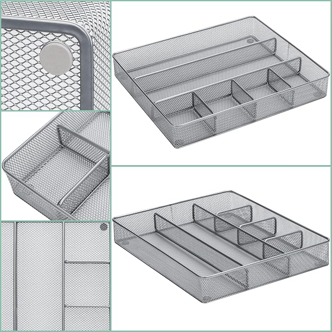 Annova Desk Top Organizer Tray for Office Organization - Metal Mesh - Storage Tray with Dividers for Pens, Desktop Accessories, Bathroom, Kitchen, Makeup and Office Supplies (Large, Silver)
