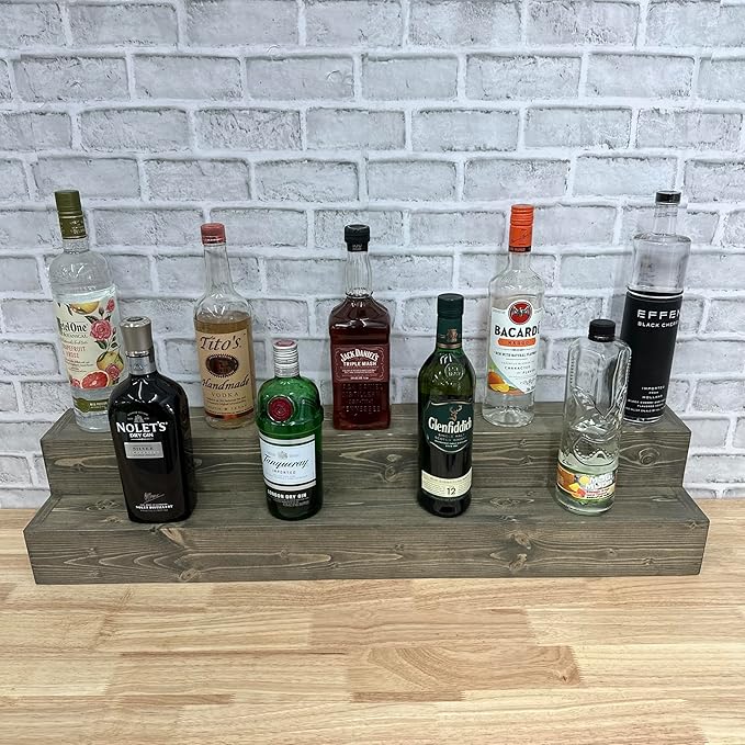 Tiered Bottle Shelf | 2 Tier Liquor Bottle Display | Bar Organization | Display Shelf | Wine Shelf | Bar Display | Kitchen Counter Shelf (30", Weathered Grey)