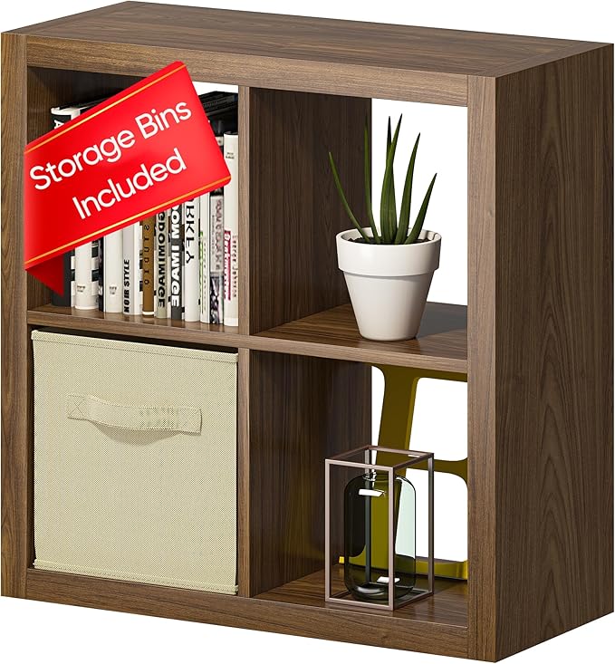 Bookshelf with Storage Bin, 4-Cube Storage Organizer, Modern Wood Open Bookcase, Multifunctional Display Shelf for Living Room, Bedroom, Home Office, Classic Oak