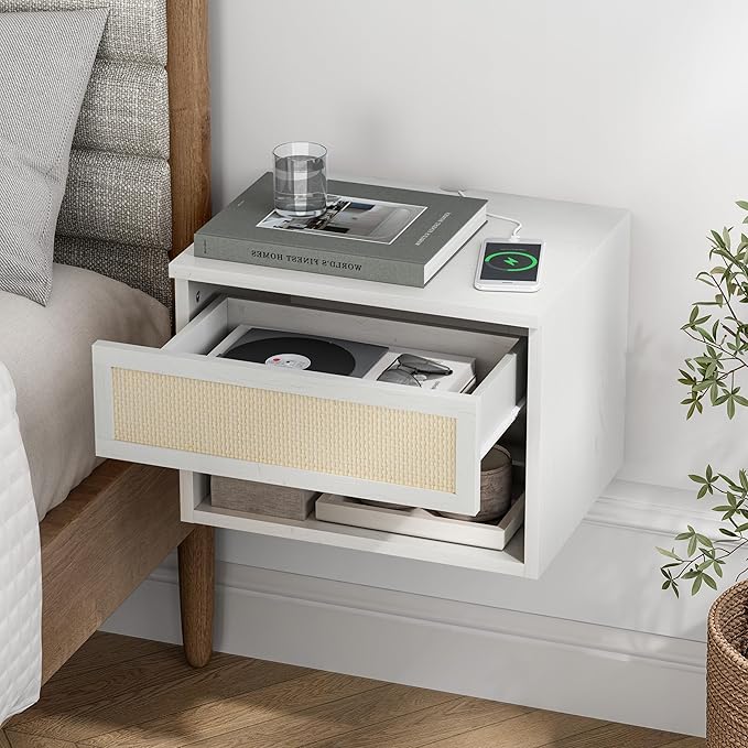 Rattan Floating Nightstands Set of 2, Wall Mounted End Table with Drawer and Open Compartment Modern Wood Bedside Night Stand Storage Cabinet for Bedroom Living Room, Antique White