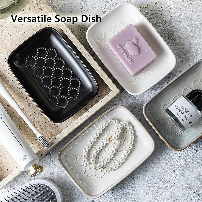 Gomakren Soap Dish for Shower, Ceramic Soap Dishes for Bar Soap Sponge, Christmas Shower Soap Holder Saver Tray for Bathroom Kitchen Sink, Easy to Clean, Black