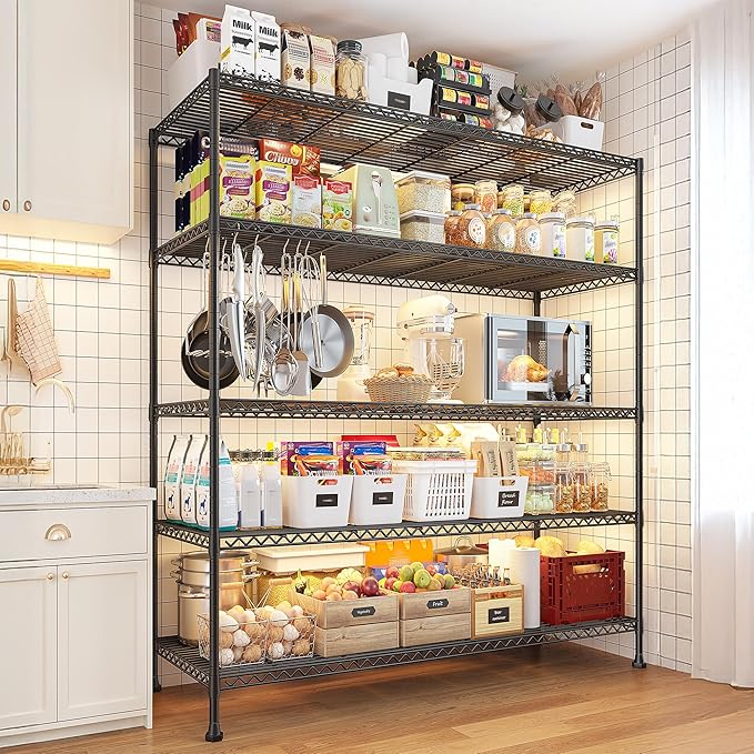 REIBII 45.8“W Storage Shelves Metal Shelving, 5-Tier Wire Shelving, Sturdy Garage Shelving, Adjustable Storage Rack for Pantry Kitchen Dining Room Supermarket Commercial