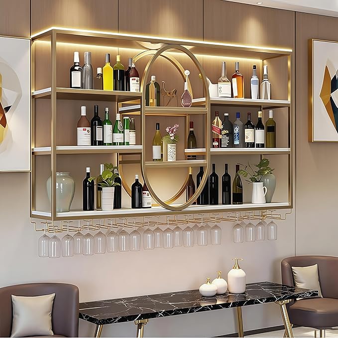 63IN Large Wall Mount Wine Rack, Metal 4 Tier Hanging Bottle Holder with Wine Glass Storage Racks, Modern Floating Wine Shelves for Home Bar Dining Room Decoration (Gold)
