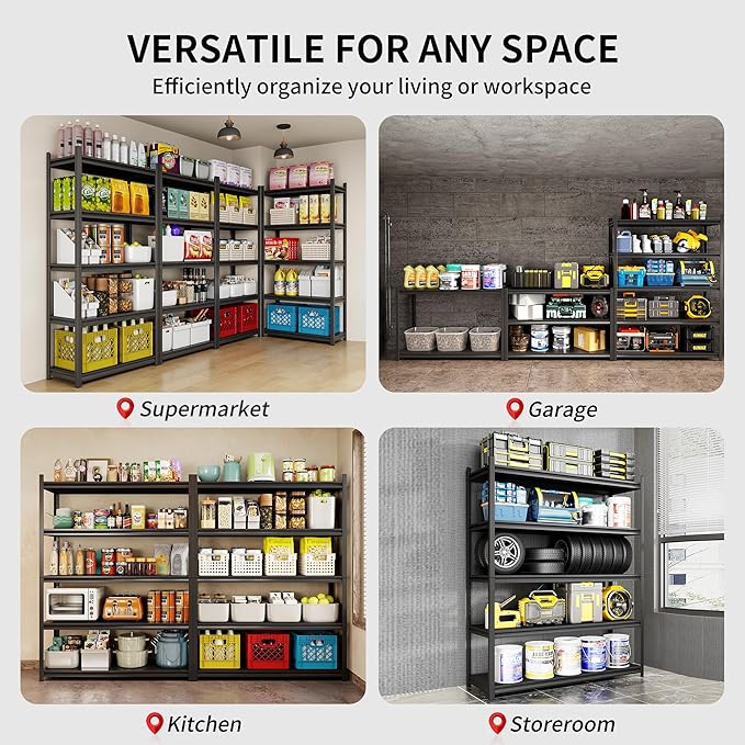 Metal Garage Shelving, Adjustable 5-Tier Heavy Duty Shelving, 3000 LBS Garage Shelving Unit and Storage，Heavy Duty Shelves for Basement,Warehouse，Kitchen (23.6" D*47.2" W*72" H)