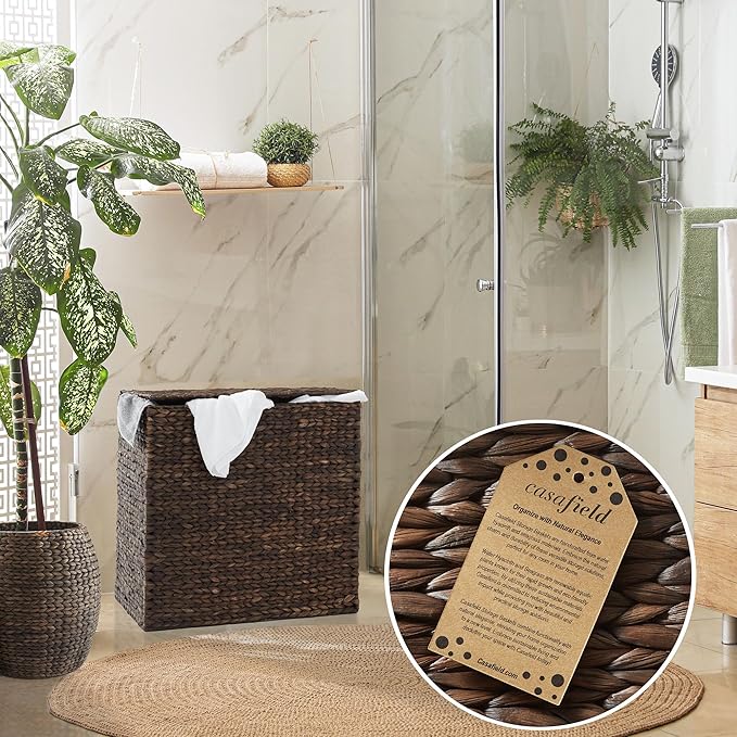 Casafield 2-Section Laundry Hamper with Removable Liner Bags - Espresso Dark Brown, Woven Water Hyacinth Double Laundry Basket Sorter for Clothes