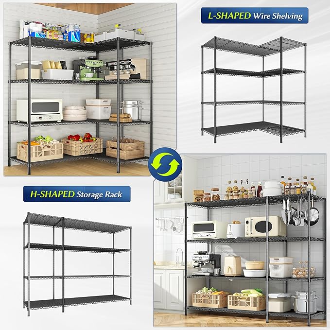 52.4W Wire Shelving Rack, 4Tier Metal Shelving Unit,1120LBS Heavy Duty Storage Shelves,Adjustable Pantry Shelves, Metal Shelf and Storage Rack,Industrial Shelving 52.4Wx13.8Dx59H,Black