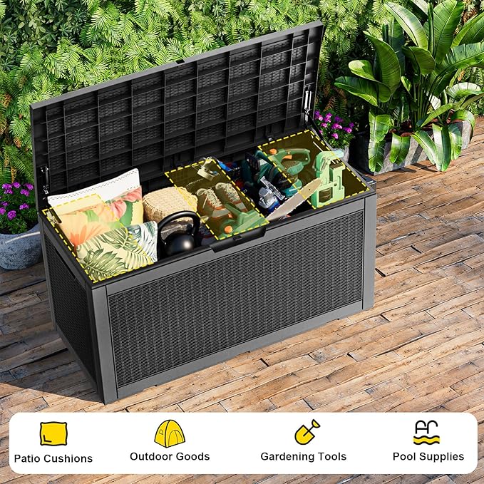 EasyUp 120 Gallon Outdoor Storage Box Waterproof, UV Resistant Resin Deck Box with Hydraulic Rod, Reinforced Stability for Patio, Garden, Rattan Black