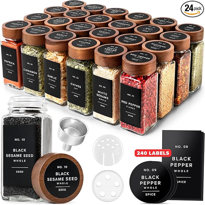 EDELHAUS® Square Spice Jars with Acacia Wooden Lid (Pack of 24) Spice Jars with Shaker Insert and 240 Labels - Acacia Lid Glass Container for Spice Organisation [4.3 in × 1.8 in]