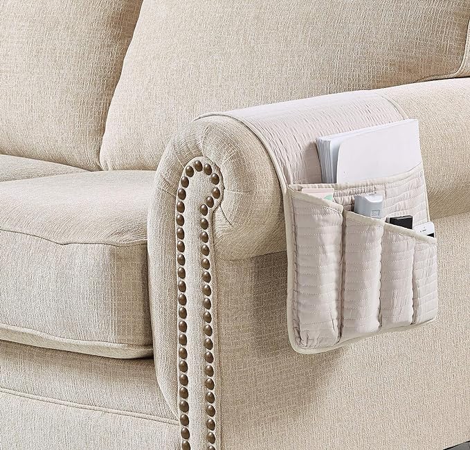 Brilliant Sunshine Premium Beige Sofa Armrest 5 Pockets Organizer, Couch Recliner Chair Caddy, 1/2" Channel Quilted, Washable Remote Controls Holder, Storage for Magazine, Tablet, 35×13", Light Beige