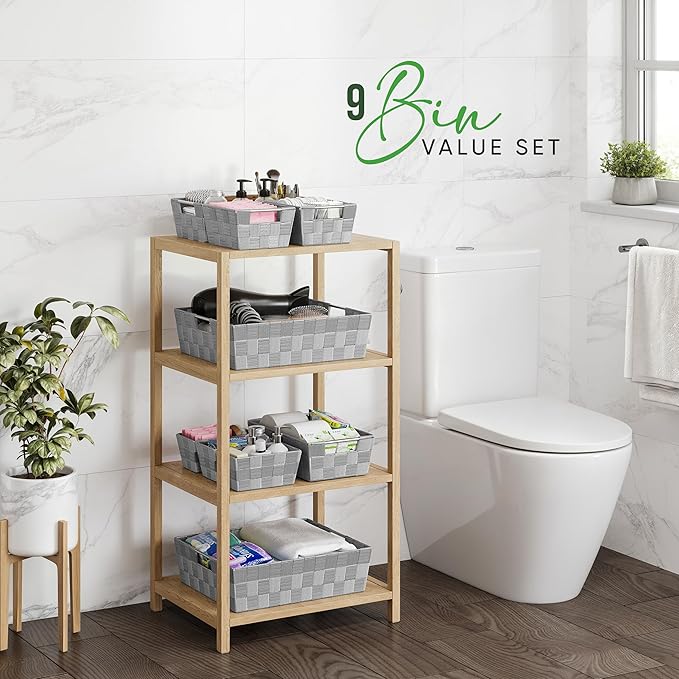 Baskets For Organizing Set Of 9 Grey - Storage Baskets For Shelves - Perfect Closet Organizer Bins, Bathroom Basket, and Pantry Basket - Small Storage Bins For Shelves - Bin For Organization