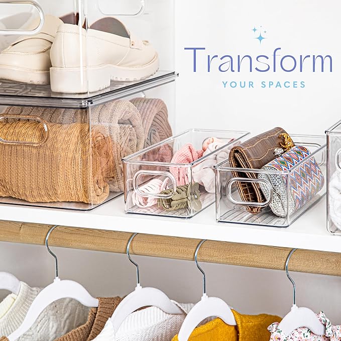 primebox Plastic Food Storage Clear Container Bin with Handles for Organizing Kitchen, Pantry, Refrigerator, Freezer, Pantry, Cabinet, Closet, Bathroom. Stackable 10"X4"3"