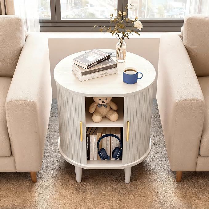 Nightstands Set of 2 & Charging Station, Fluted Accent Side Table with Sliding Door & Adjustable Shelf, Mid-Century Modern End Table for Small Space, Living Room, Bedroom(2, White)