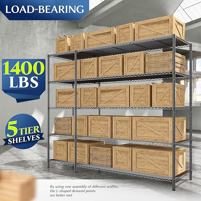 70.8H Wire Shelving Rack, 5Tier Metal Shelving Unit,1400LBS Heavy Duty Storage Shelves,Adjustable Pantry Shelves, Metal Shelf and Storage Rack,Industrial Shelving 52.36W x13.78Dx70.8H,2PCS