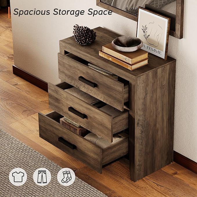 WAMPAT Farmhouse 3 Drawer Nightstand Set of 2, Large Wood Bedside Tables, 32" Wide End Tables with Storage for Living Room, Bedroom, Hallway, Brown