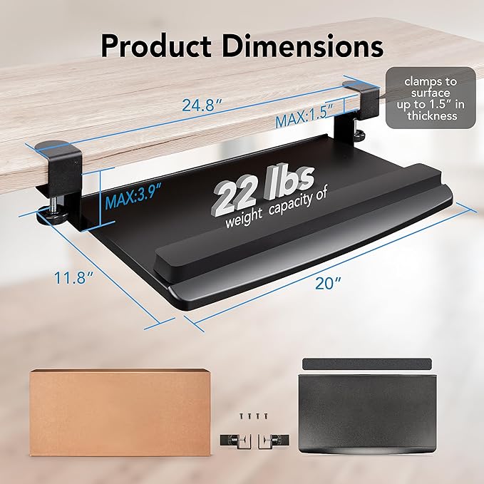 EHO Clamp-On Retractable Adjustable Keyboard Tray, Under Desk Ergonomic Keyboard Tray - Easy Tool-Free Install - Small with Wrist Rest 20" (24.8" Including Clamps) x 11.5" for Enhanced Typing Comfort