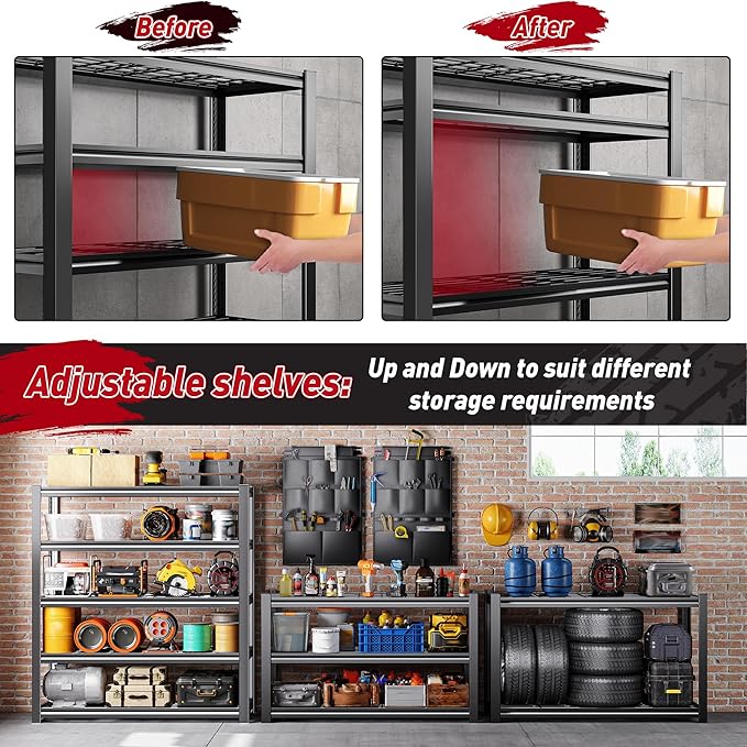 REIBII Storage Shelves, Heavy Duty Garage Shelving Load 2500LBS, 5-Tier Garage Shelves with Tool Storage Bag, Adjustable Industrial Metal Shelving for Basement, 66" H x38.2 W x16 D, Black